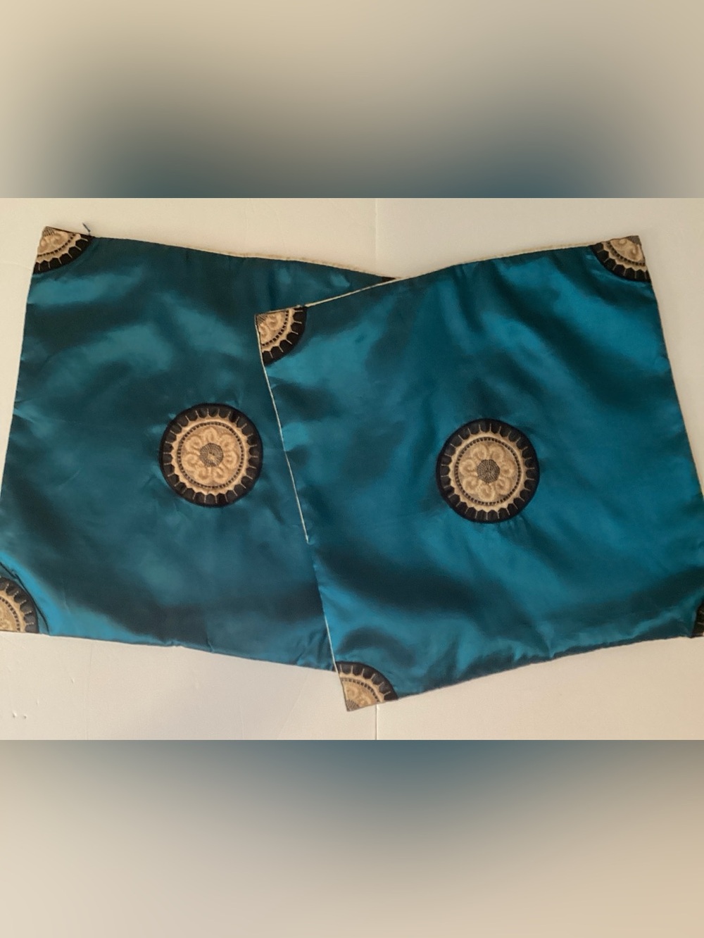 Pair Of Teal and Gold Satin Pillow Cases (17”x17”)